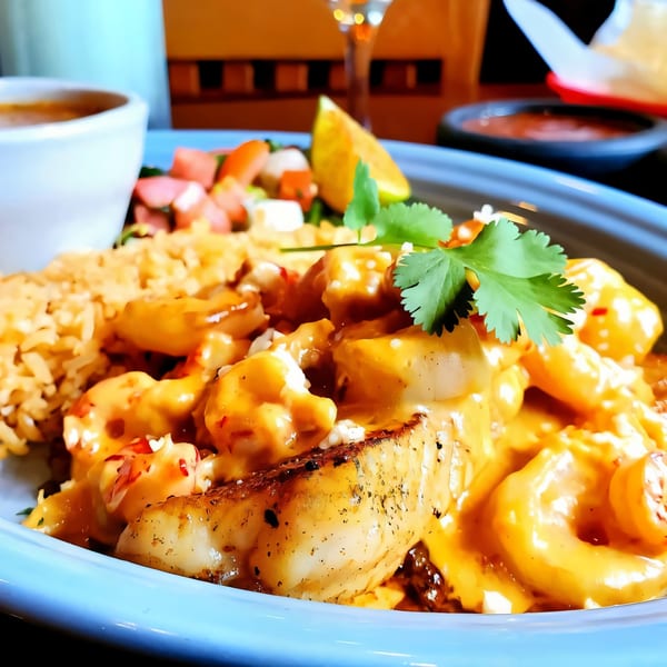 Maria Rita's Tex-Mex shrimp dish with rice, salsa, and a lime wedge on a blue plate.